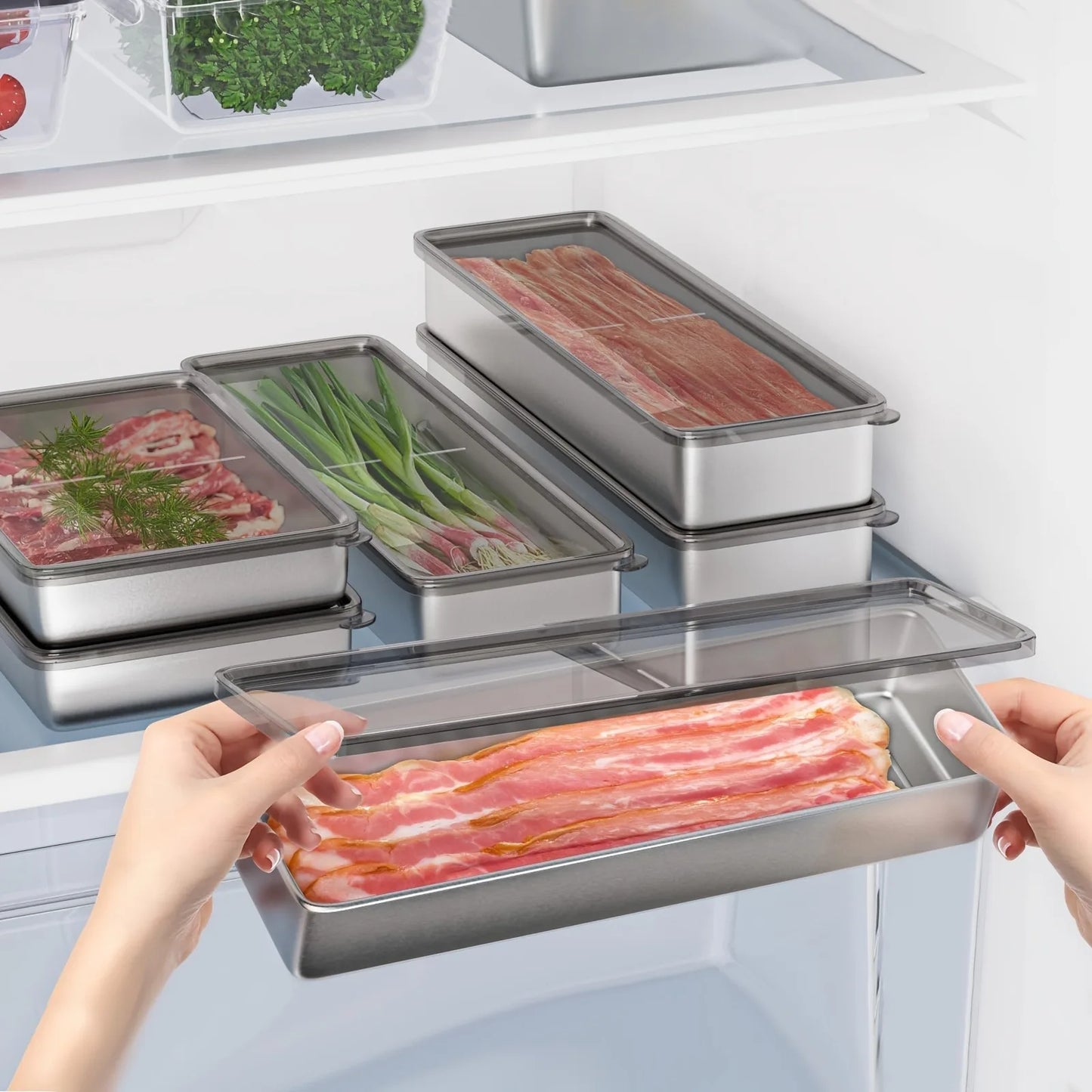 Refrigerator Organizer Stainless Steel Meat Bacon Container Fridge Organizer Food Storage Container Freezer kitchen Organizer