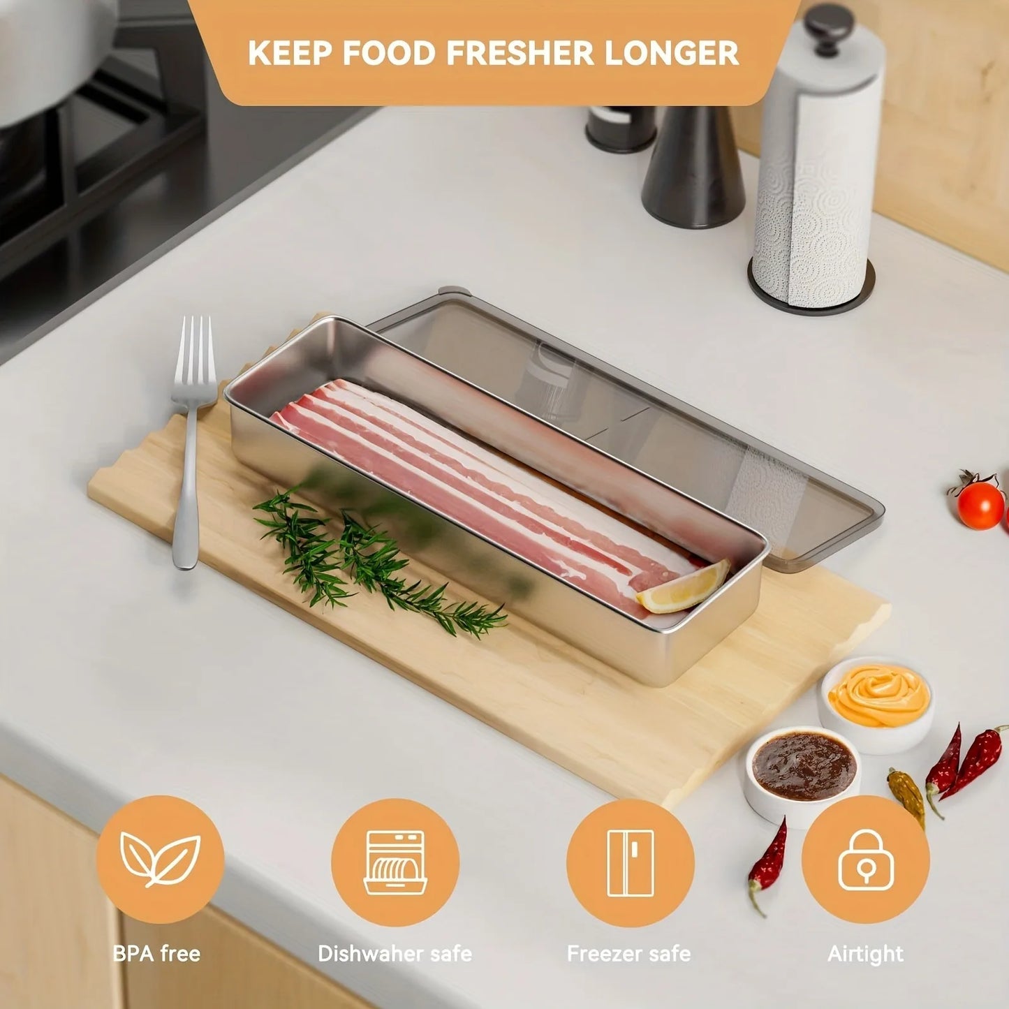 Refrigerator Organizer Stainless Steel Meat Bacon Container Fridge Organizer Food Storage Container Freezer kitchen Organizer