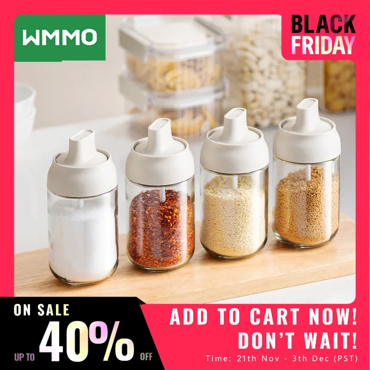 WMMO Spice Jar with Lid Set Herb Condiment Tins with Plastic Spoon Salt Storage Container Seal Box for Pepper Seasoning Cans